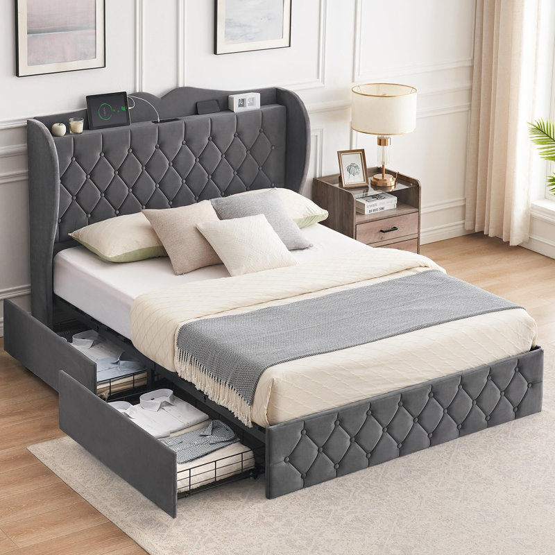 Bed Frame With 4 Drawers Upholstered Platform Bed With Charging Station Headboard Queen
